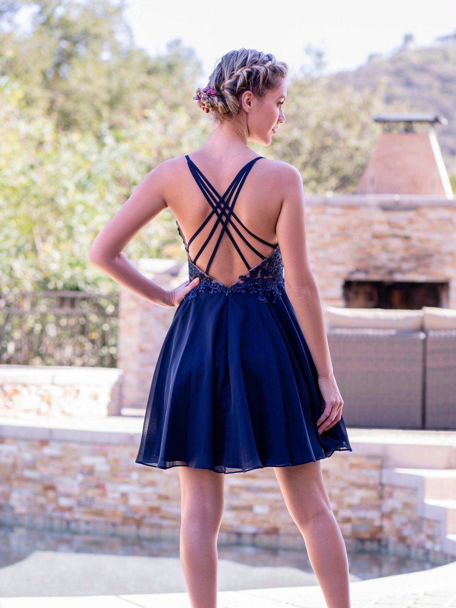 Deep V - applique Back Lace Up Mini Length Homecoming Dress - KissProm