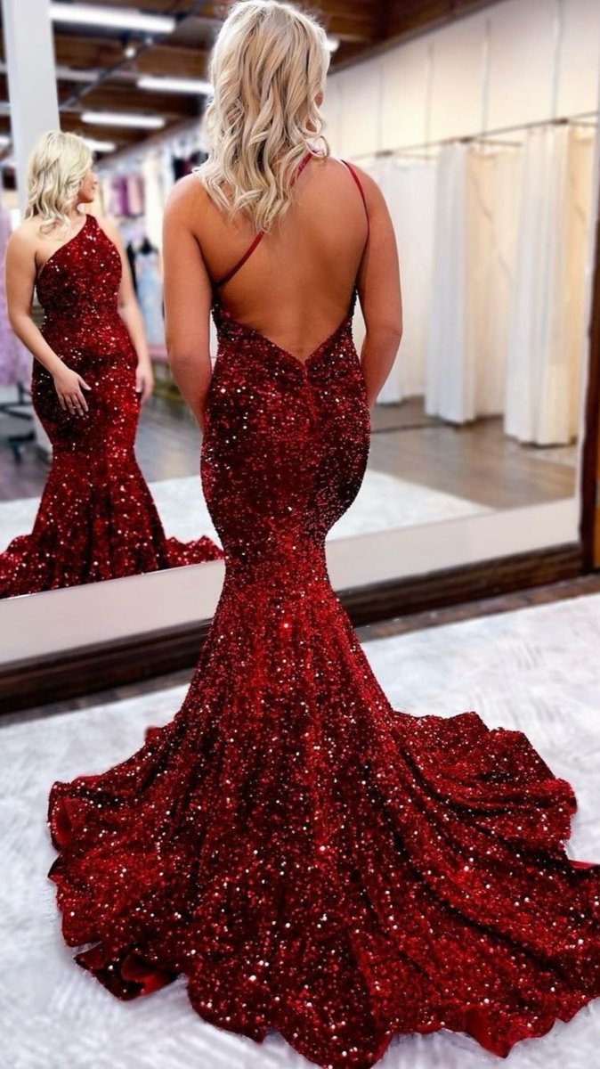 Jessica |Mermaid One Shoulder Sequins Backless Prom Dress - KissProm