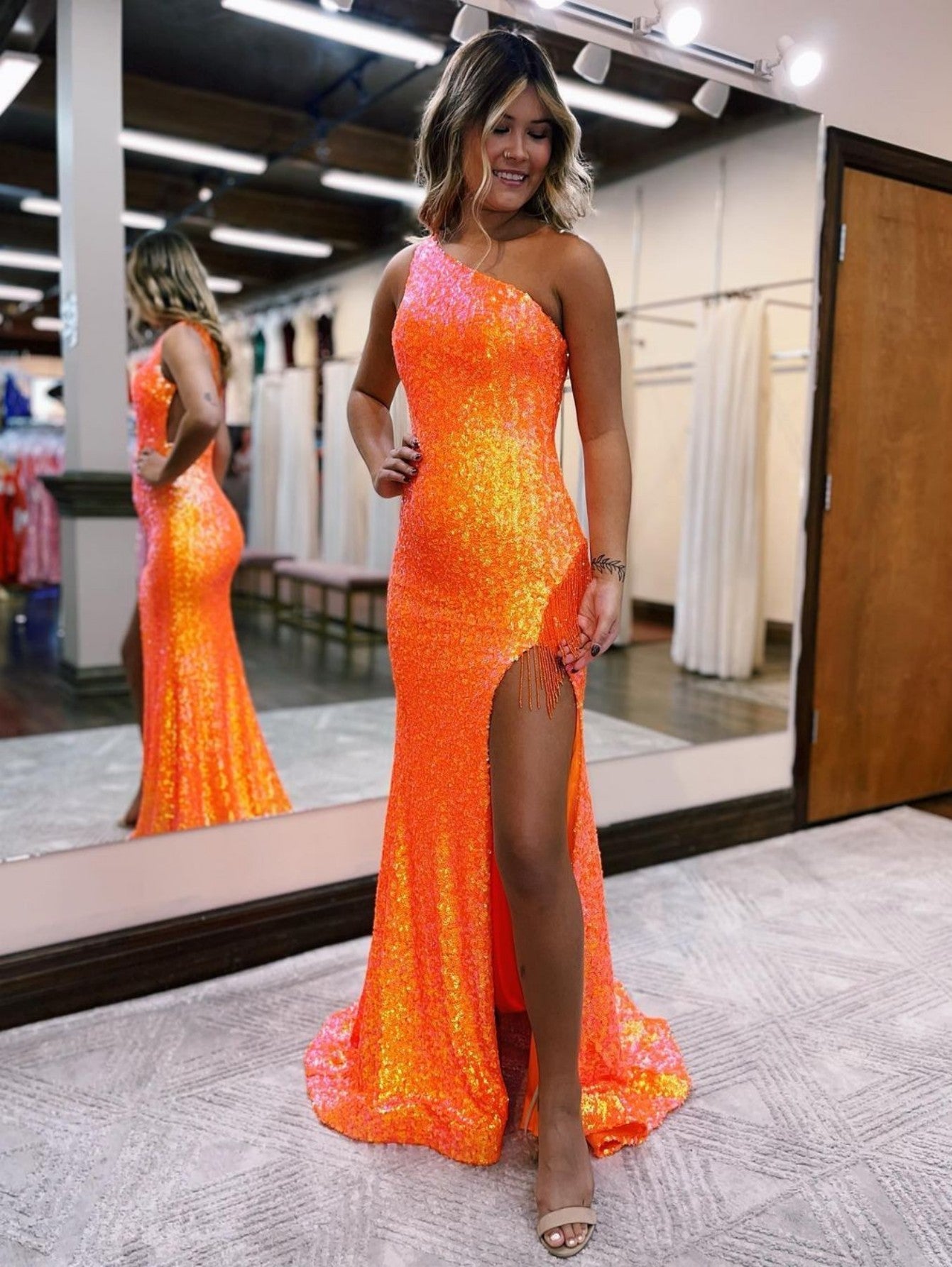 Adelina Orange Mermaid One-Shoulder Sequins Prom Dress With Tassels ...