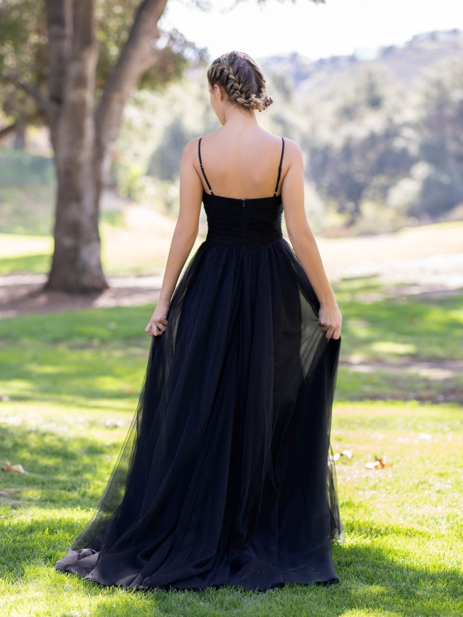 Deep V - neck Tulle Sweep Train Prom Dress - KissProm