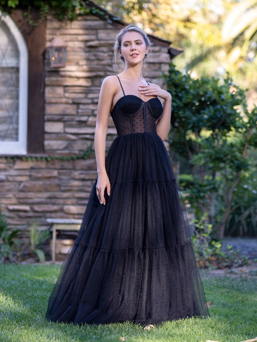 Corset Dotted Tulle Spaghetti Straps Floor Length Prom Dress - KissProm