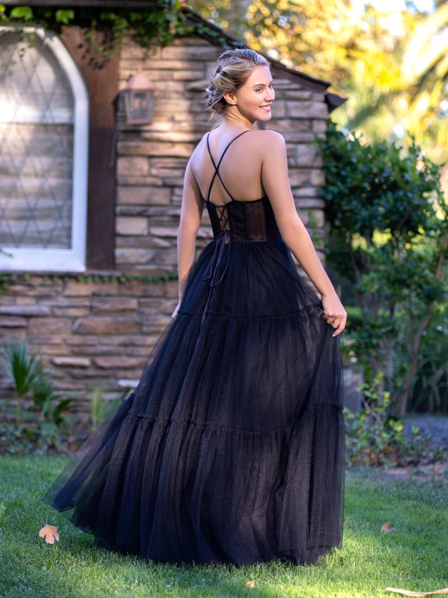 Corset Dotted Tulle Spaghetti Straps Floor Length Prom Dress - KissProm