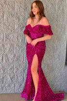 Red Puff Sleeves Sequined Long Party Dress with Side Slit - KissProm