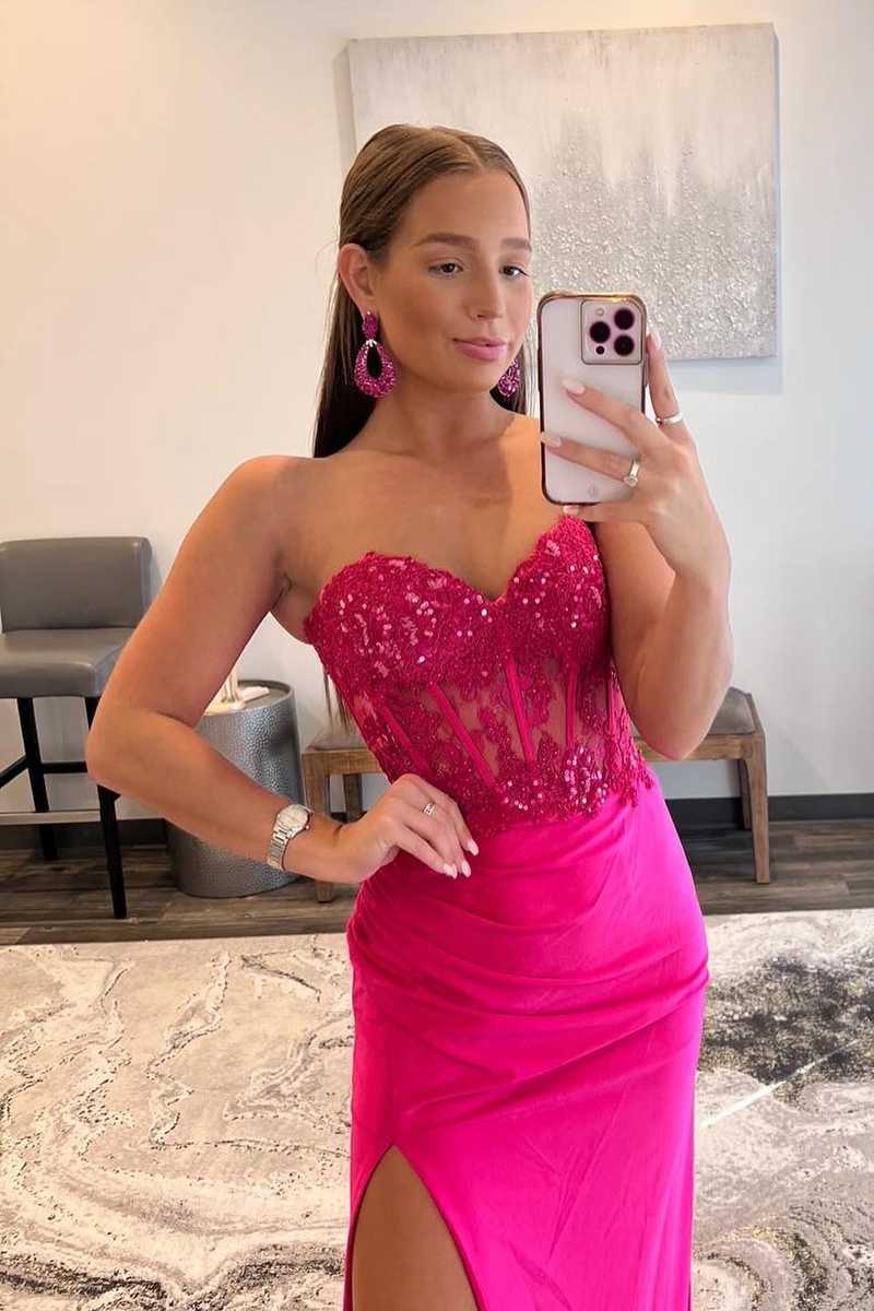 Ember | Sweetheart Corset Lace Hot Pink Long Prom Dress with Slit | KissProm