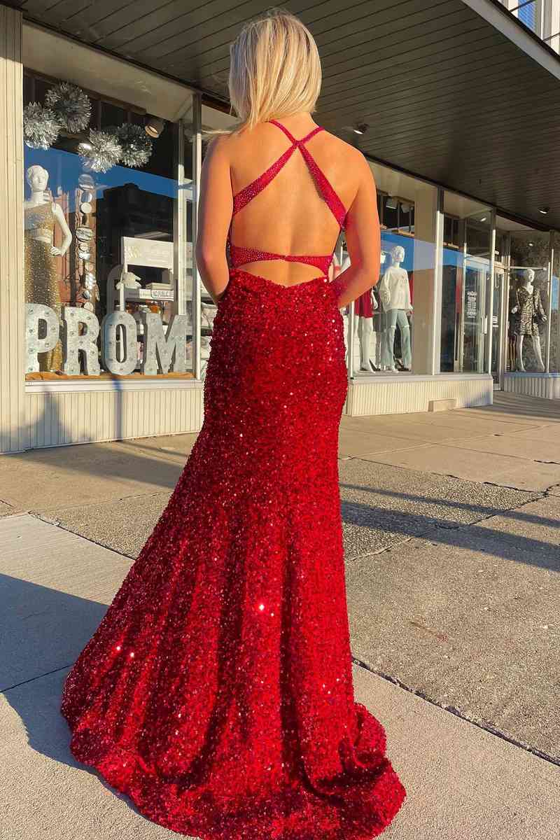 Red halter neck store prom dress