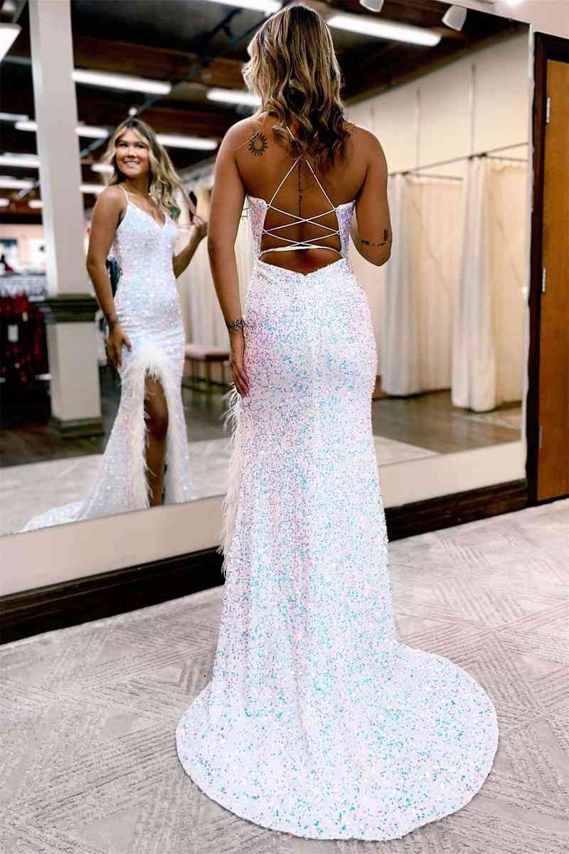 Long Mermaid V-neck Sequins Backless Prom Dress Lilac Formal