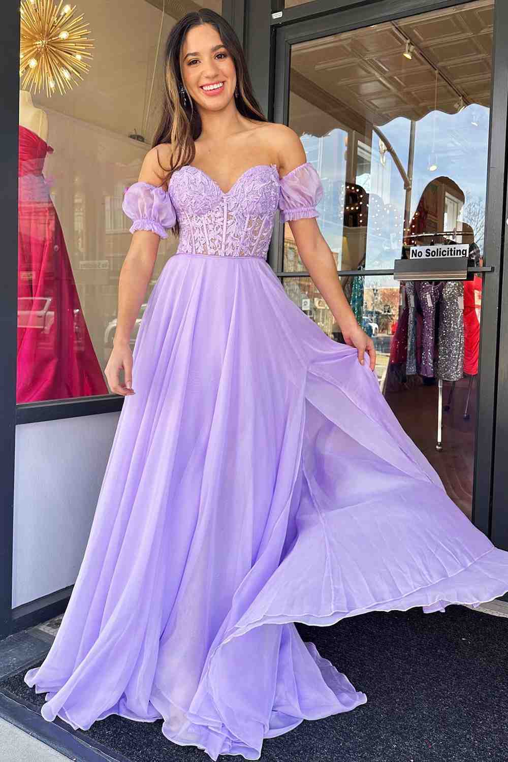 Purple off the on sale shoulder prom dress