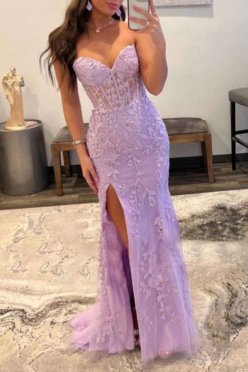 Nyomi |Mermaid Strapless Corset Lace Prom Dress with Slit - KissProm