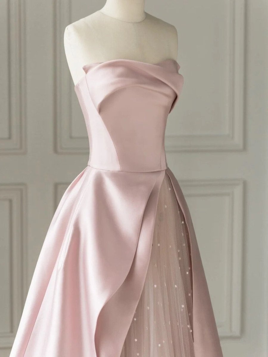 Sleeveless Satin A - Line Floor - Length Evening Gown Slit with Tulle Strapless Prom Dress - KissProm