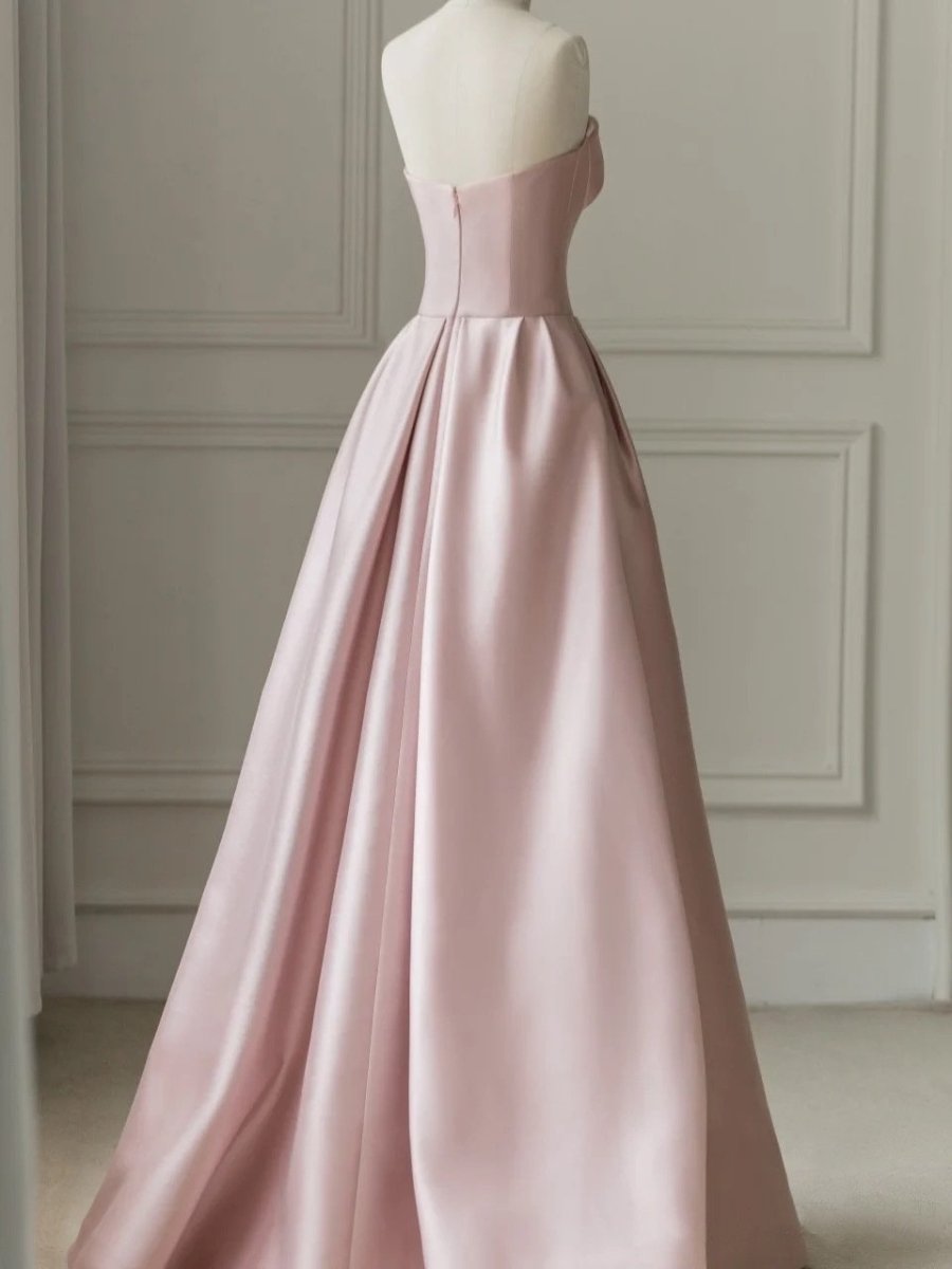 Sleeveless Satin A - Line Floor - Length Evening Gown Slit with Tulle Strapless Prom Dress - KissProm