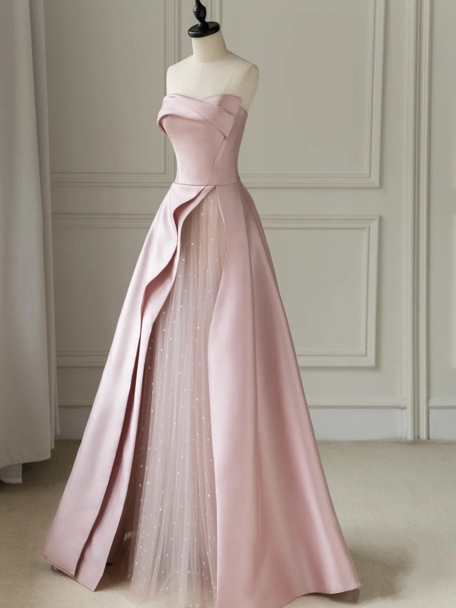 Sleeveless Satin A - Line Floor - Length Evening Gown Slit with Tulle Strapless Prom Dress - KissProm