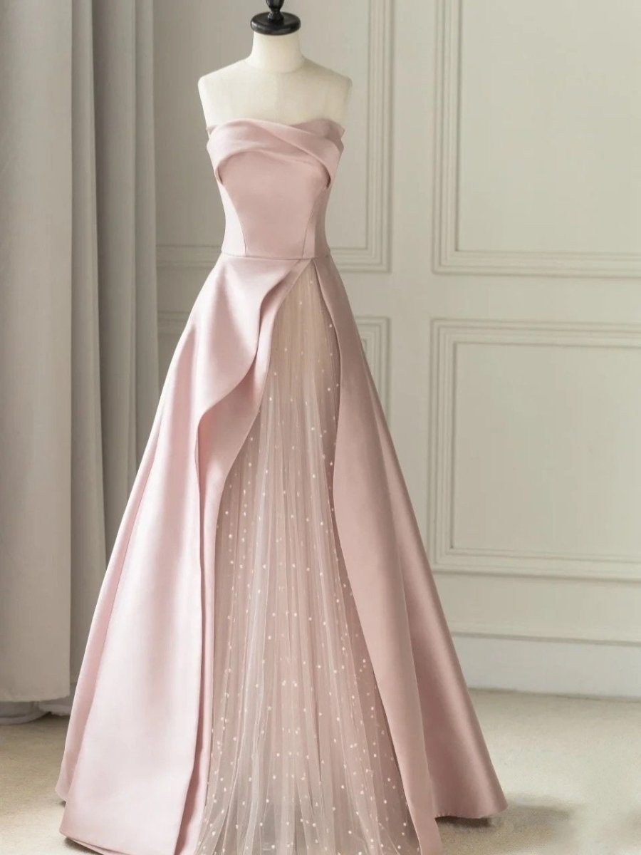 Sleeveless Satin A - Line Floor - Length Evening Gown Slit with Tulle Strapless Prom Dress - KissProm