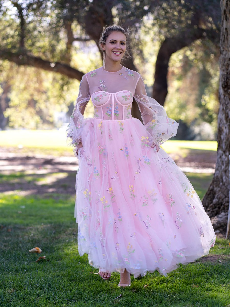 Illusion Neck Floor Length Tulle Pink Prom Dress - KissProm