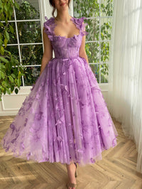 Leah | Aline Lilac Corset Tulle Midi Prom Dress with 3D Butterflies ...