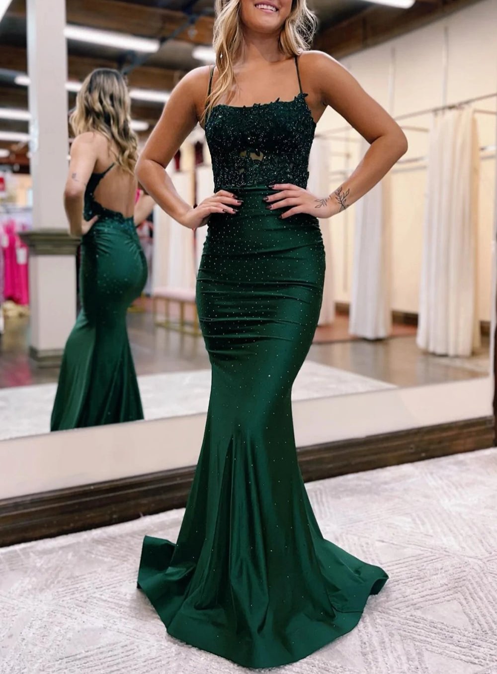 Mermaid Spaghetti Straps Dark Green Long Prom Dress with Appliques