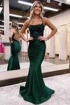 Jimena | Mermaid Spaghetti Straps Dark Green Long Prom Dress with Appliques - KissProm