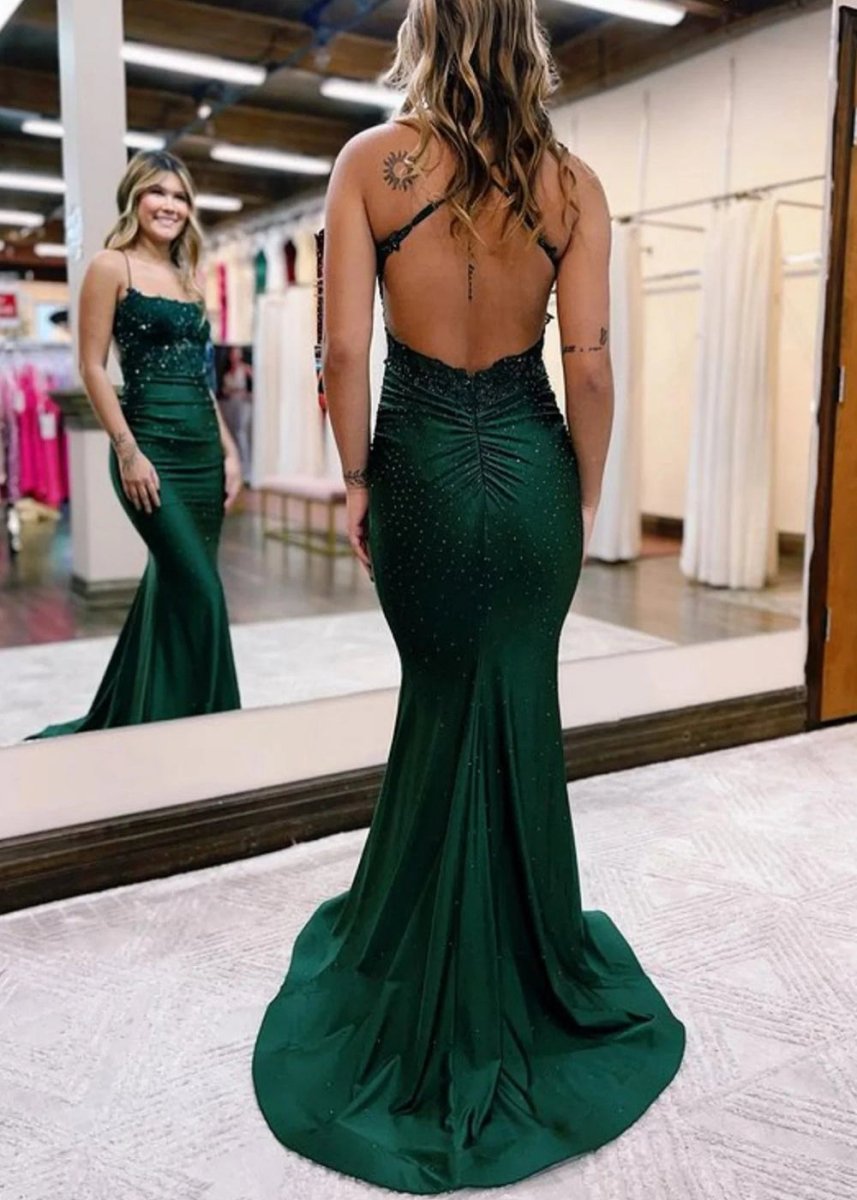 Jimena | Mermaid Spaghetti Straps Dark Green Long Prom Dress with Appliques - KissProm