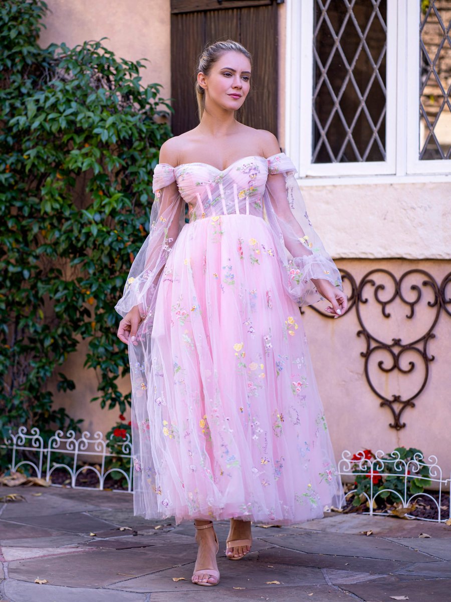 Sweetheart Neck Off the Shoulder Embroidered Tulle Prom Dress - KissProm