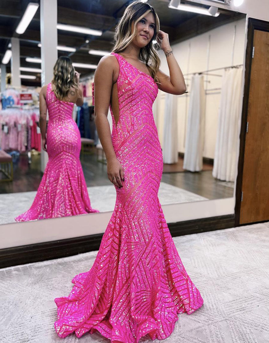 Hot Pink One-Shoulder Long Sequin Prom Dress Hot Pink / 0
