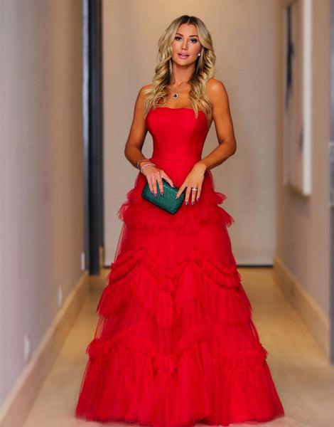 Strapless Red Ruffle Prom Dresses, Red Ruffle Strapless Formal Graduat –  jbydress