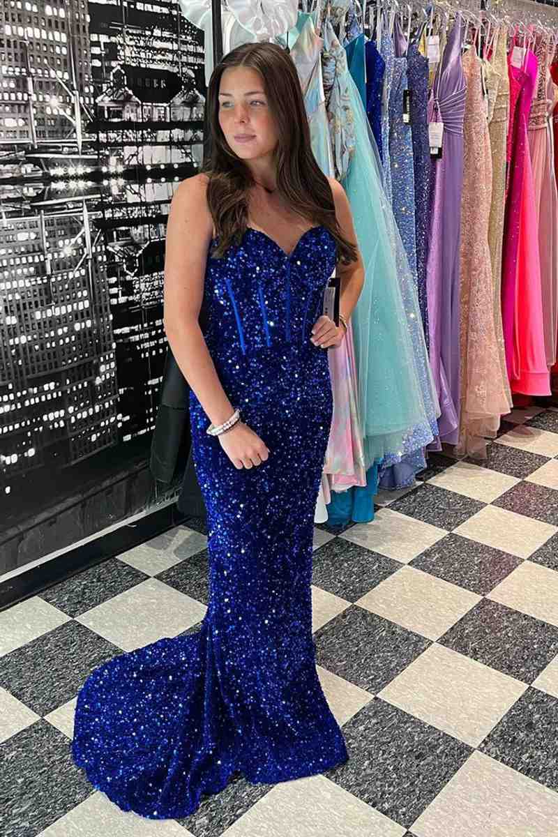 Sweetheart Mermaid Light Blue Sequin Long Prom Dress | KissProm