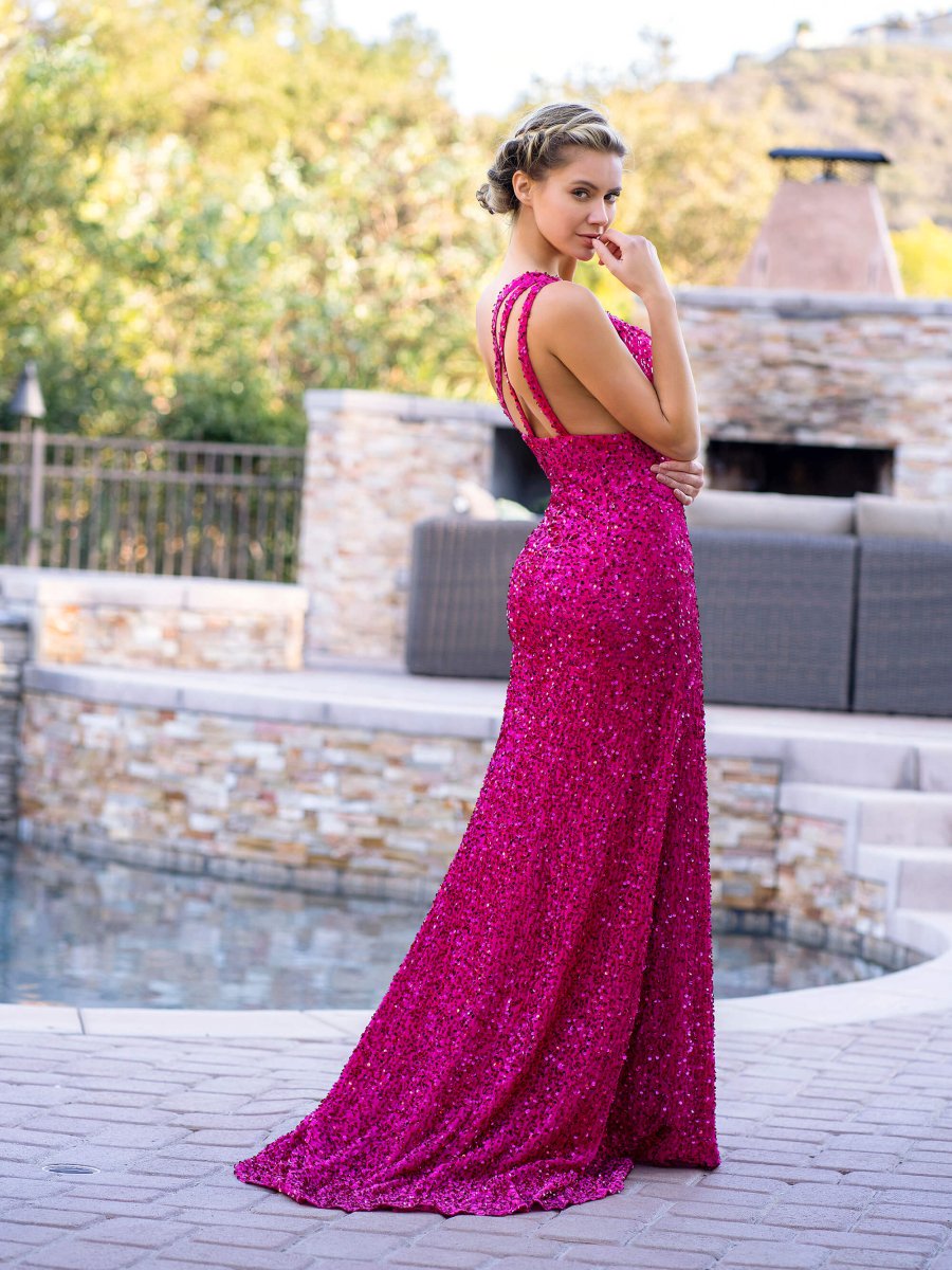 Fuchsia Mermaid One Shoulder Sequin Long Prom Dress with Slit - KissProm