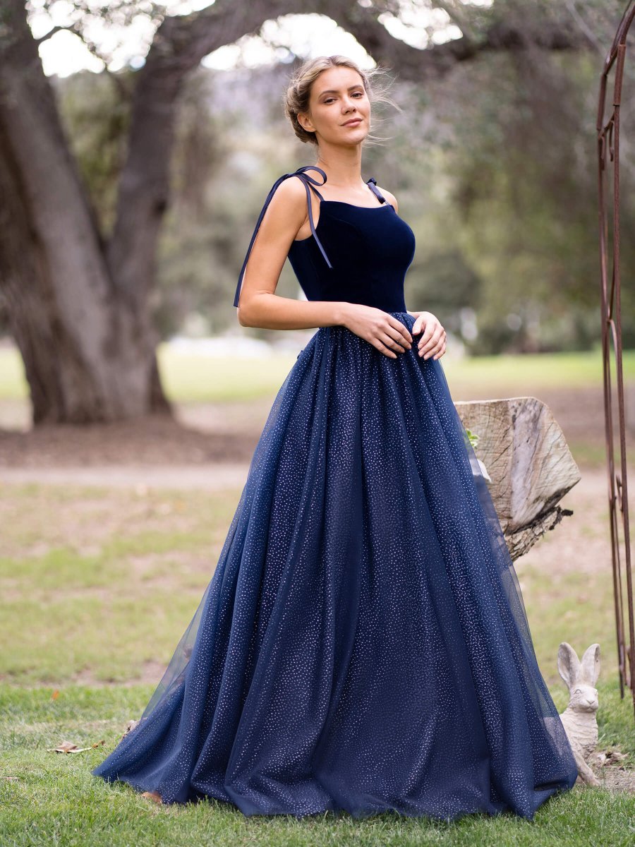 Spagatti Straps Velvet Tulle Floor Length Prom Dress - KissProm