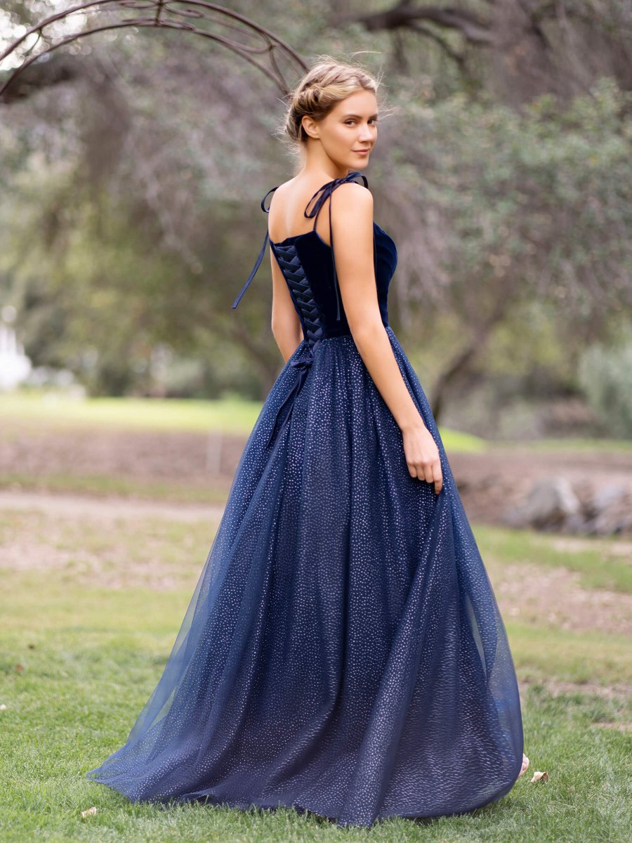 Spagatti Straps Velvet Tulle Floor Length Prom Dress - KissProm