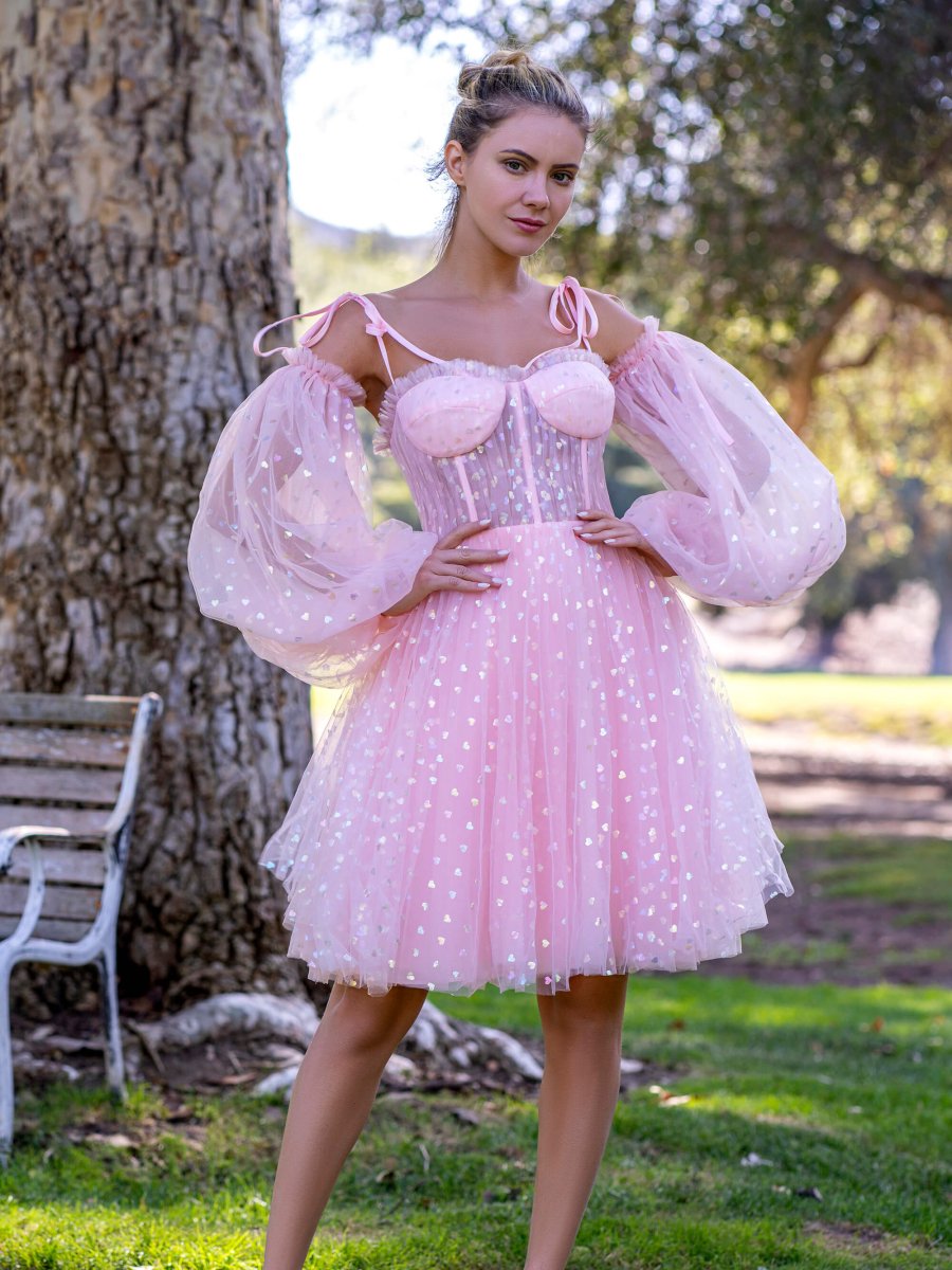 Corset Glitter Hearts Above Knee Length Tulle Dress - KissProm