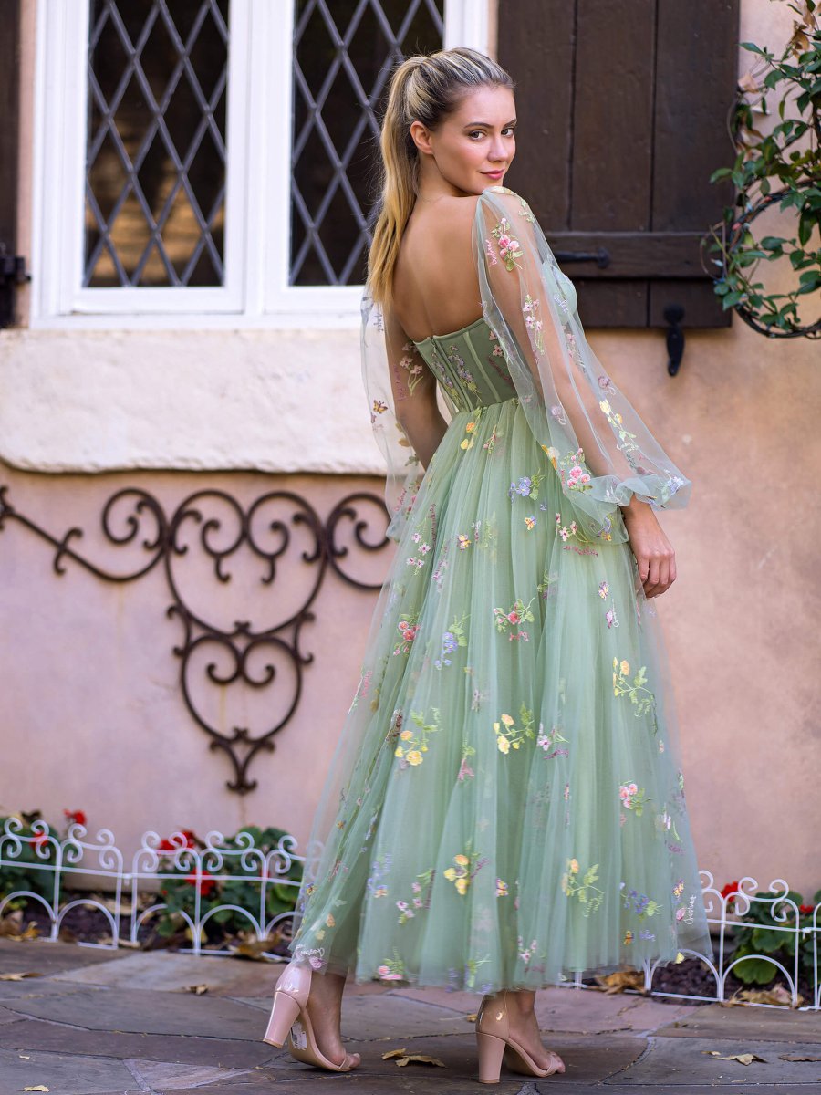 Sweetheart Embroidery Tea - Length Tulle Puff Sleeves Floral Corset Prom Dress - KissProm