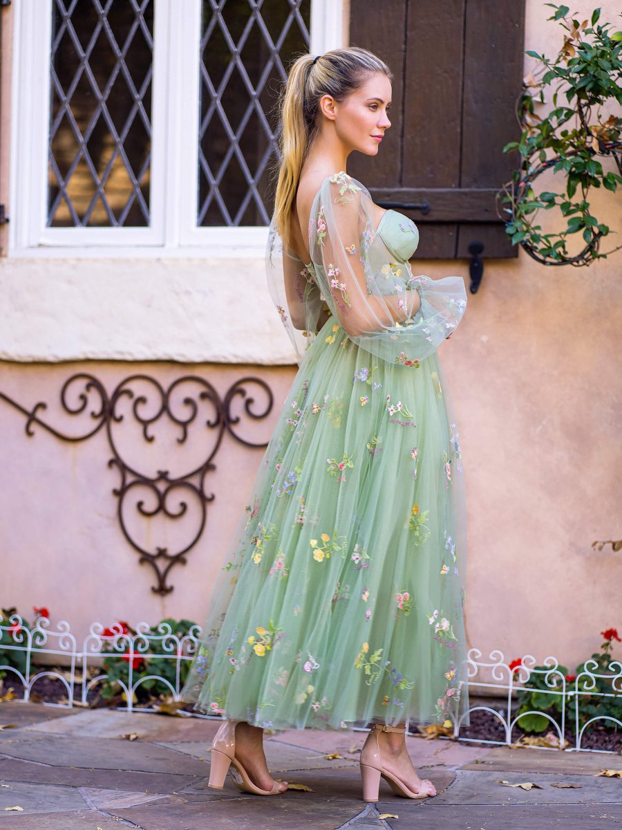 Sweetheart Embroidery Tea - Length Tulle Puff Sleeves Floral Corset Prom Dress - KissProm