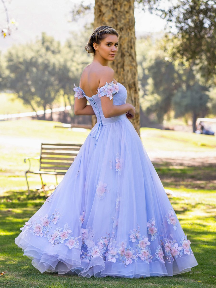 Bernadette |A Line off the shoulder Applique Tulle Floor Length Prom Dress - KissProm