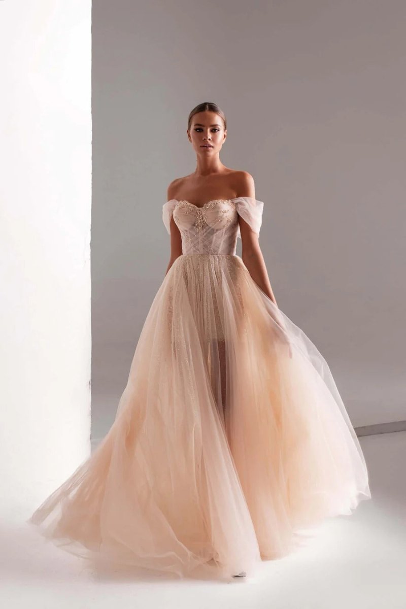 Tulle Prom Dress A - Line Long Shining Beads Prom Gown - KissProm