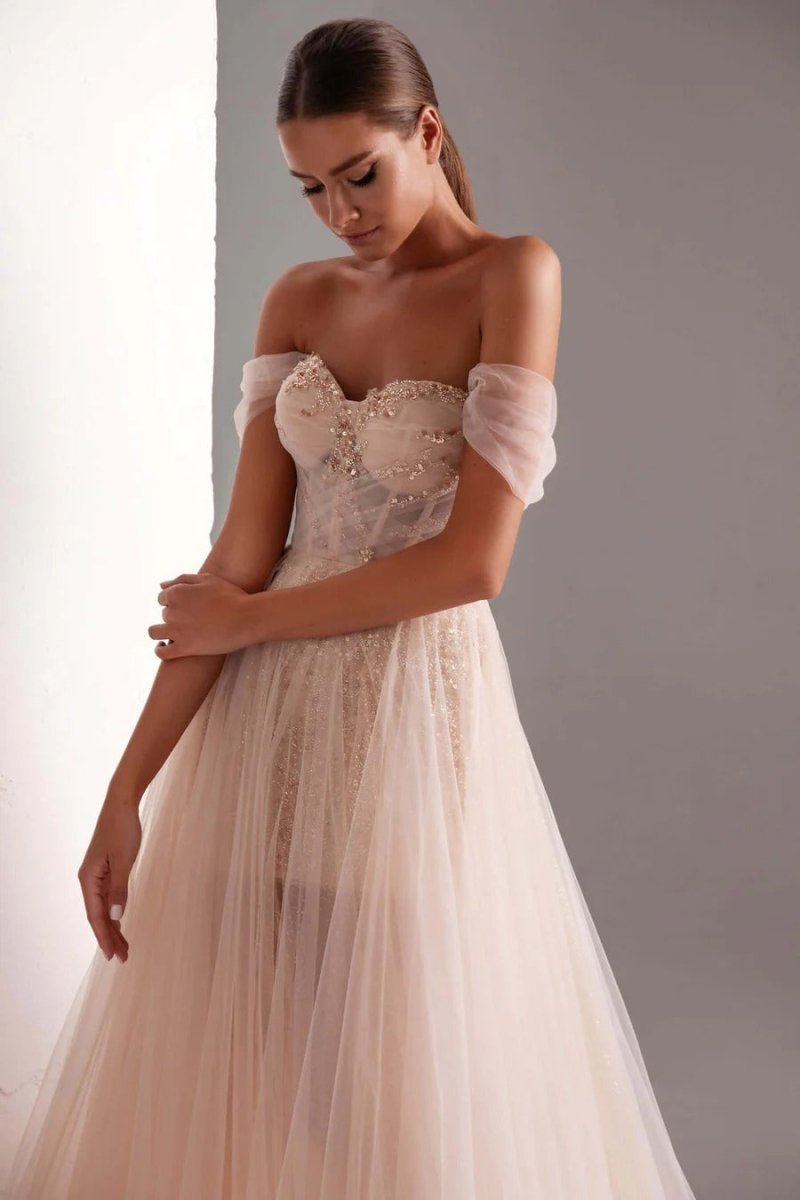 Tulle Prom Dress A - Line Long Shining Beads Prom Gown - KissProm