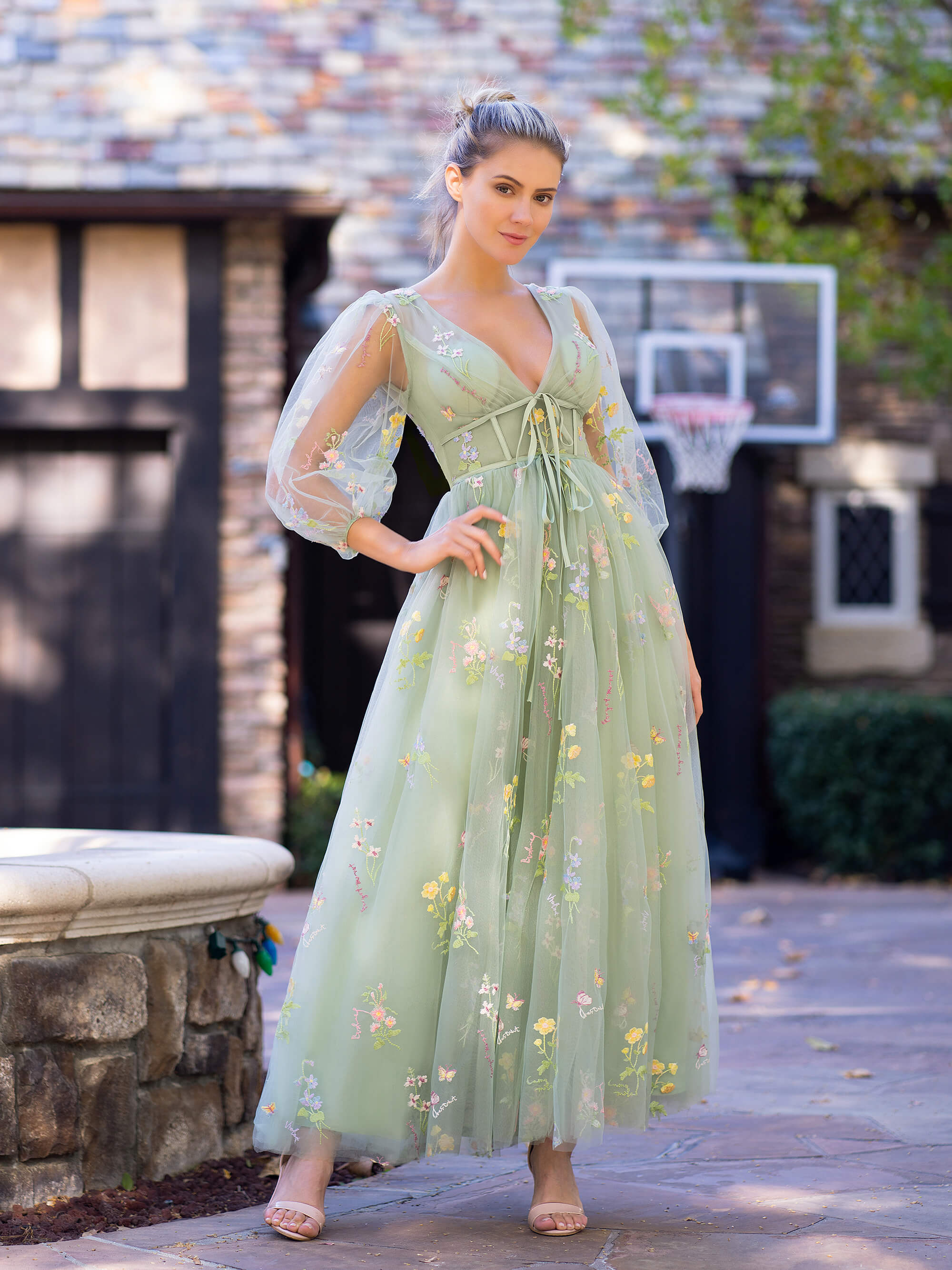 V-neck Embroidery Maxi Length Tulle Corset Floral Prom Dress