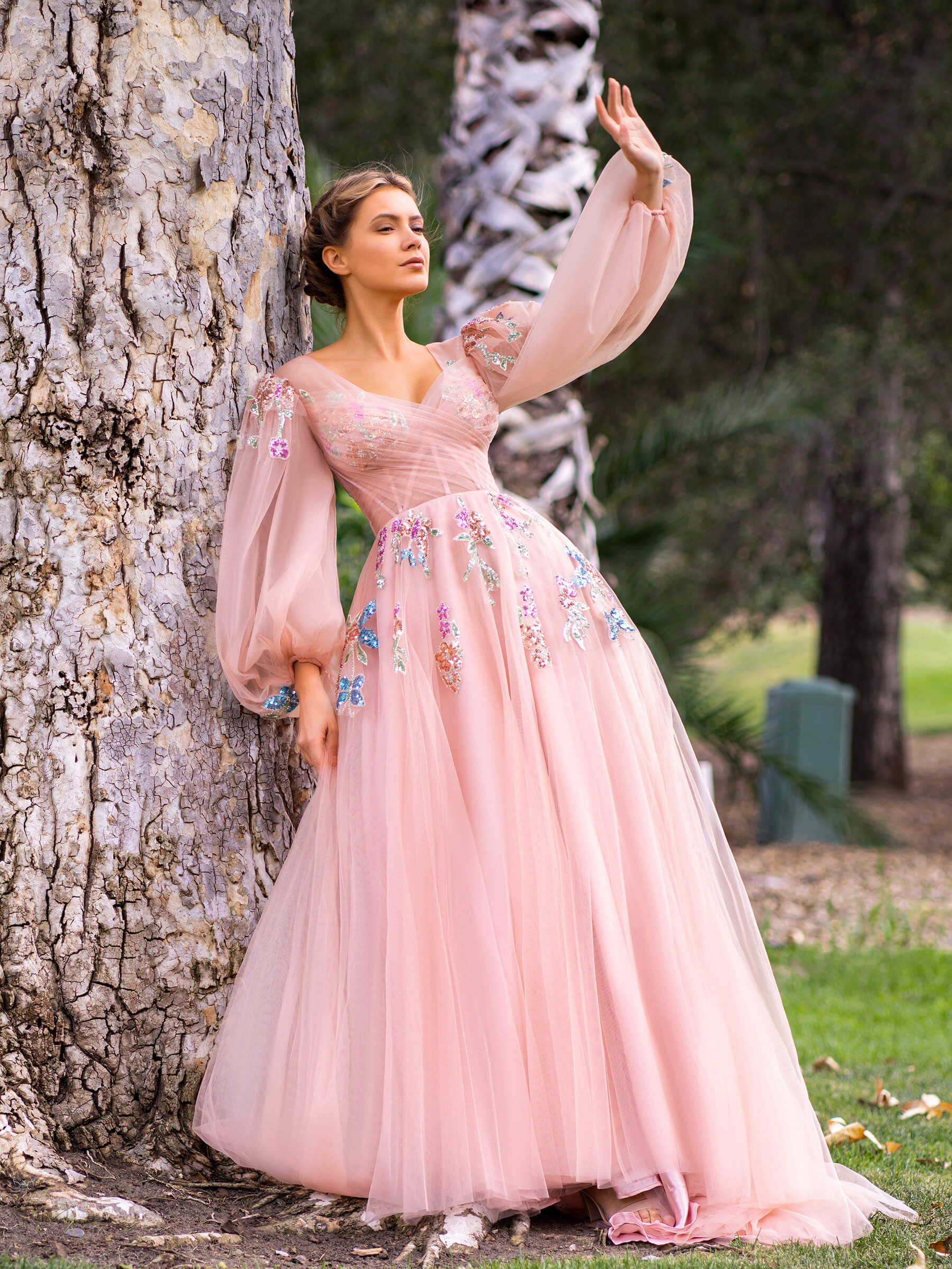 Pink Tulle A Line Floral Lace Prom Dresses Wit Slit PL441