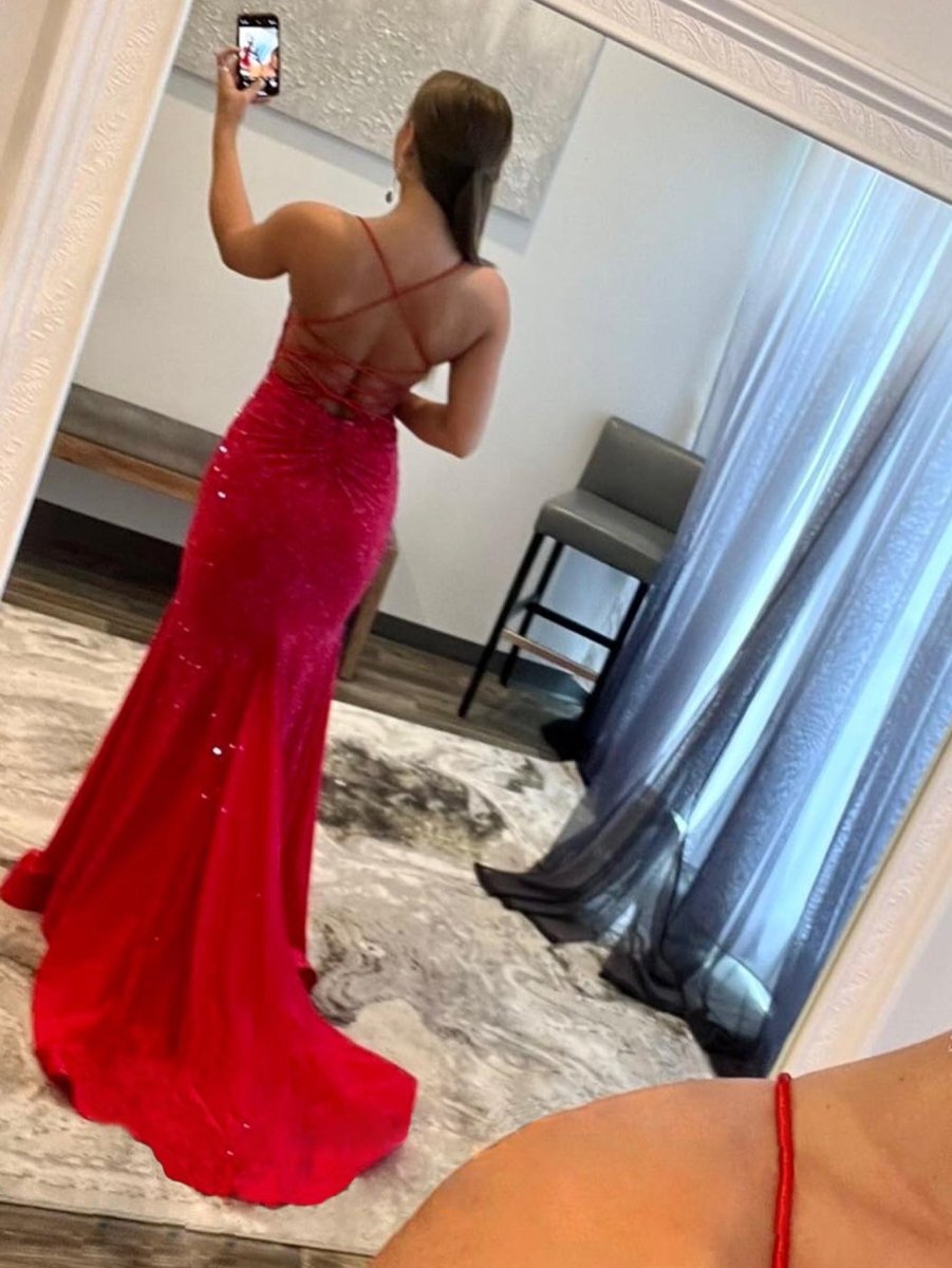 Malia |Mermaid V Neck Red Glitter Satin Prom Dress - KissProm