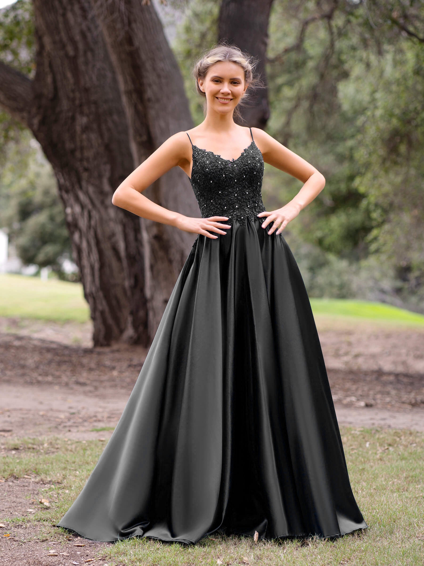 V-Neck Lace Stain A-Line Floor-length Evening Dress | KissProm