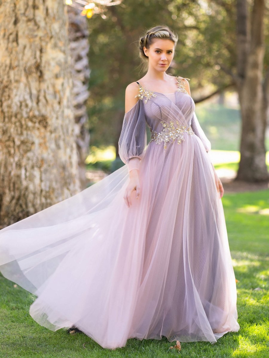 Wrap Top Tulle Half - Sleeve Appliques Prom Dresses - KissProm